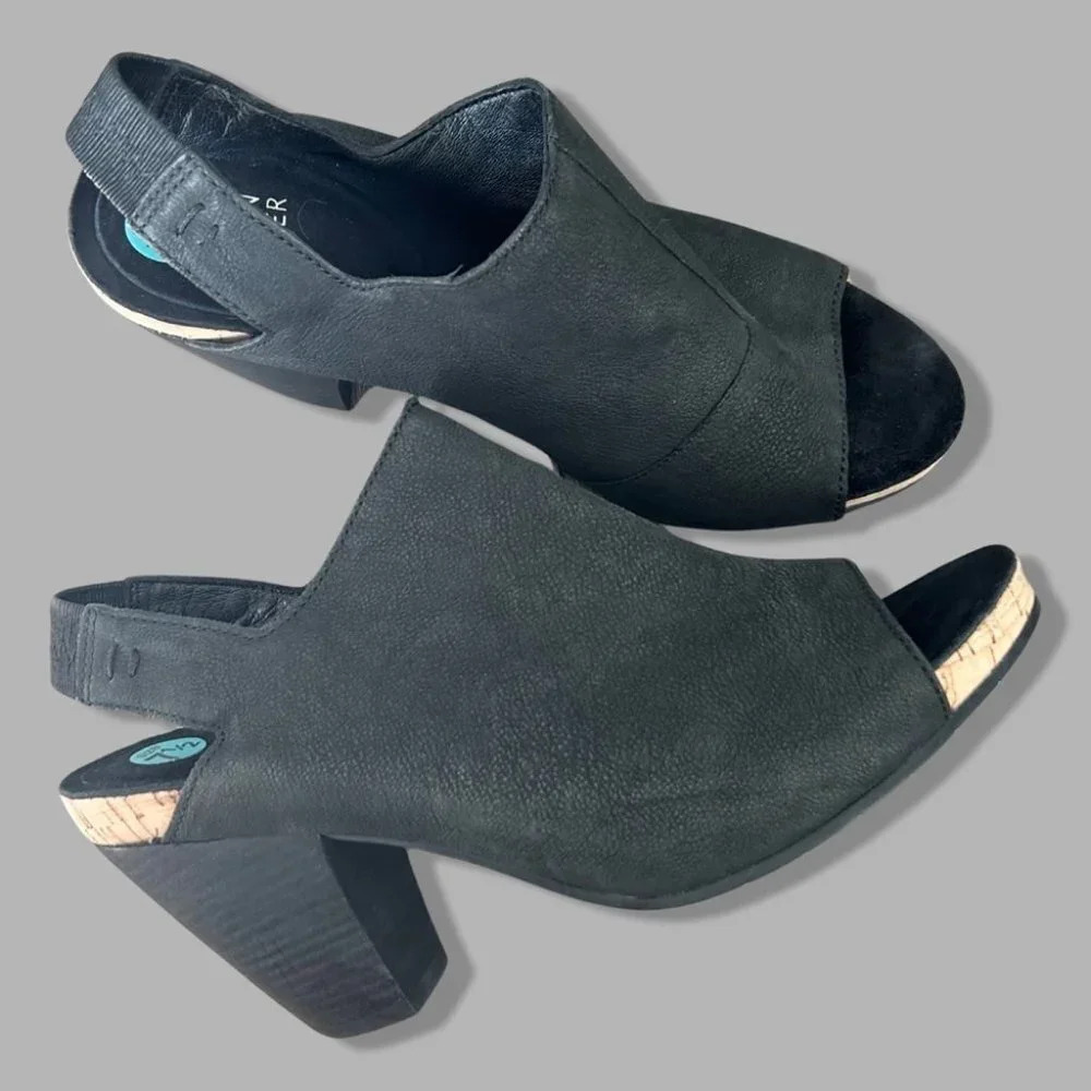 Eileen Fisher Black Pebbled Leather Open Toe Slingback Ankle Bootie